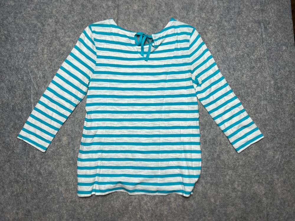 Chico's Turquoise & White Striped Beaded Neckline Top Blouse Women's Size 0